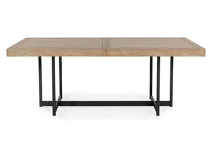 Mesa de comedor con tablero de madera y patas de metal negro sobre fondo blanco.