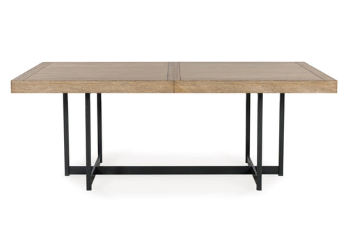 Mesa de comedor con tablero de madera y patas de metal negro sobre fondo blanco.