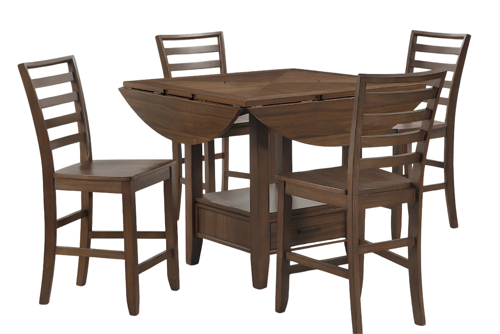 Conjunto de comedor de madera alto con mesa plegable de altura de mostrador  y cuatro taburetes de madera sobre fondo blanco.