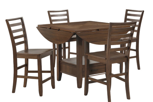 Conjunto de comedor de madera alto con mesa plegable de altura de mostrador  y cuatro taburetes de madera sobre fondo blanco.