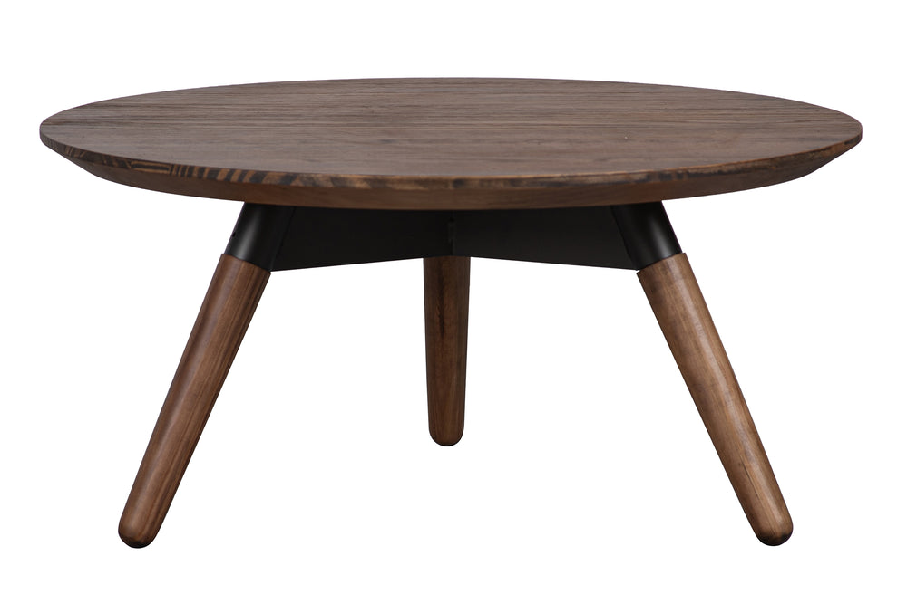 Mesa de centro redonda hecha de madera con color marrón sobre un fondo blanco. 