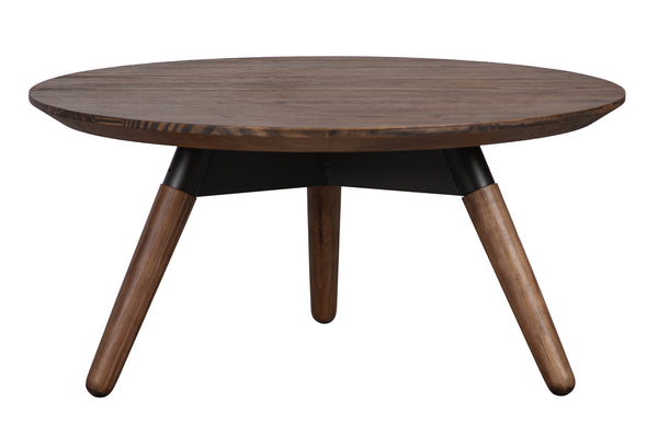 Mesa de centro redonda hecha de madera con color marrón sobre un fondo blanco. 