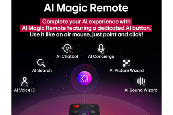 Anuncio de AI Magic Remote con funciones enumeradas sobre un fondo oscuro.