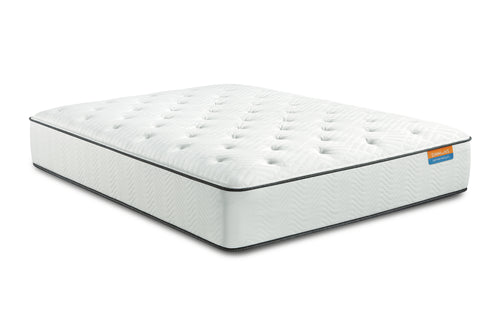 Mattress blanco con el logotipo de la marca sobre fondo blanco.
