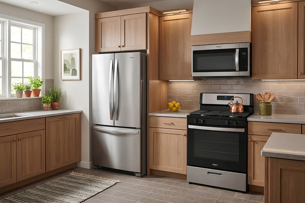 Juego de cocina en acero inoxidable con refrigerador French door de tres puertas, microondas y estufa a gas con horno. Diseño moderno y acabado resistente a huellas, ideal para cocinas contemporáneas.