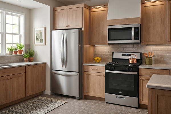 Cocina moderna con gabinetes de madera clara y electrodomésticos de acero inoxidable, incluyendo refrigerador French door, microondas empotrado y estufa a gas con horno. Encimeras claras y detalles decorativos crean un ambiente cálido y funcional.