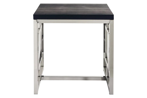 Vista frontal de mesa de esquina con base metálica y tope negro de madera sobre un fondo blanco. 