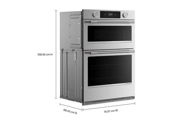 Un horno doble de pared de acero inoxidable mostrado sobre un fondo blanco con líneas de dimensión y medidas que indican 108,59 cm de altura, 68.