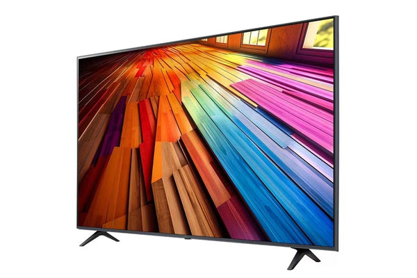 Televisor inteligente que muestra un patrón abstracto colorido sobre un fondo blanco. 