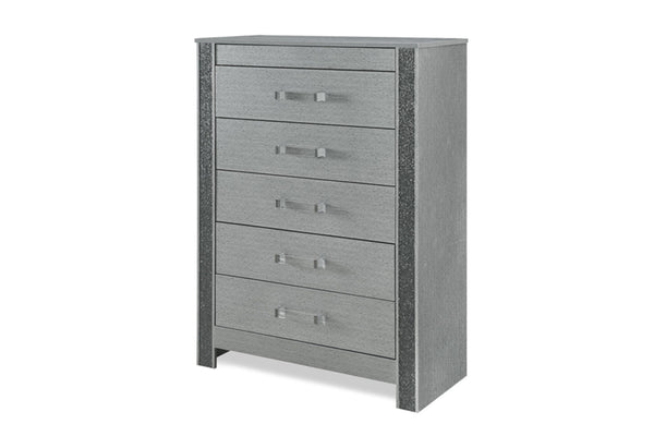 Chest gris texturizada con cinco cajones sobre fondo blanco