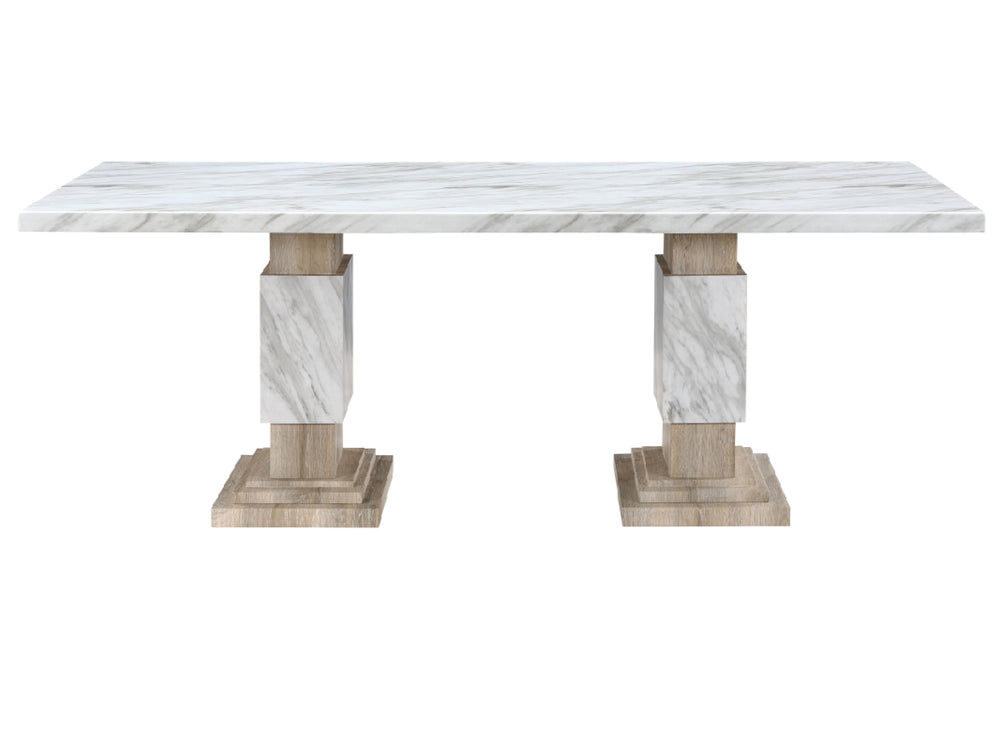 Mesa de mármol con columnas cilíndricas sobre fondo blanco.