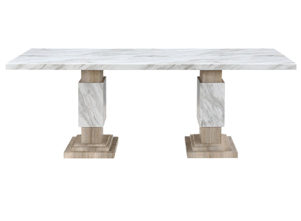 Mesa de mármol con columnas cilíndricas sobre fondo blanco.