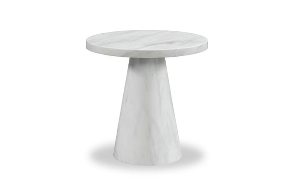 Mesa redonda blanca con patrón de mármol sobre fondo blanco. 