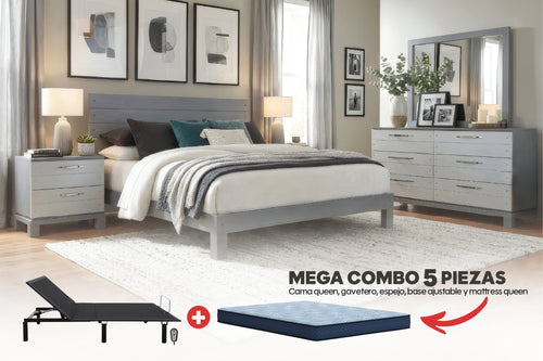 Iris Queen Bed, Dresser with Mirror, Adjustable Base and Mattress
