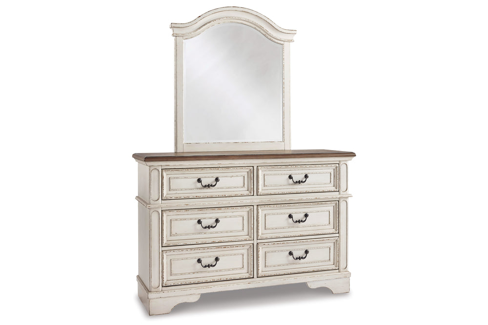 Vista lateral de gavetero con espejo de seis gavetas blancas sobre un fondo blanco. 