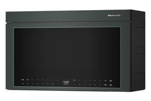 Un horno microondas empotrable con acabado en verde, puerta de cristal negro y panel de control digital en el borde inferior derecho, mostrado sobre un fondo blanco liso.