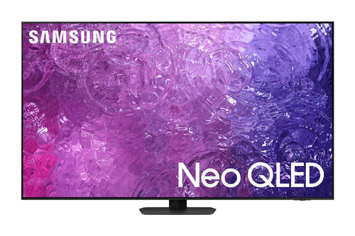 Televisor Samsung Neo QLED con un vibrante diseño abstracto en púrpura y azul en la pantalla.
