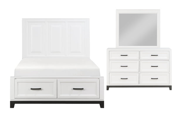 Conjunto de dormitorio blanco compuesto por una cama y un gavetero con espejo sobre fondo blanco.