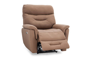 Sillón reclinable acolchado en color marrón con reposapiés extendido, respaldo alto y apoyabrazos amplios. Diseño ergonómico orientado al confort, mostrado sobre fondo blanco para destacar sus detalles y mecanismo de reclinación.