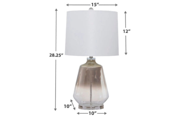 Lámpara de mesa con dimensiones sobre fondo blanco.