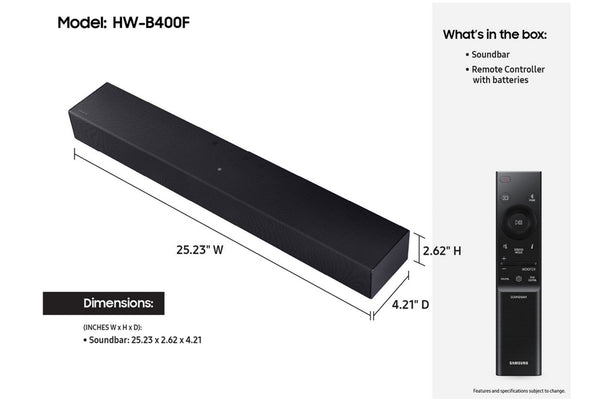 Barra de sonido con control remoto y dimensiones mostradas sobre un fondo blanco. 