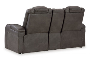 Vista posterior de loveseat reclinable de color marrón sobre un fondo blanco. 