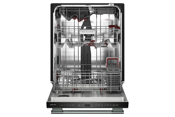 Un lavavajillas Bosch de carga frontal con la puerta abierta, que deja ver el interior de acero inoxidable, las rejillas metálicas superior e inferior y el panel de control oscuro sobre un fondo blanco.