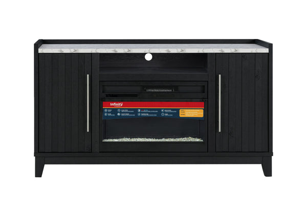 Mesa de entretenimiento negro con chimenea eléctrica integrada sobre fondo blanco.