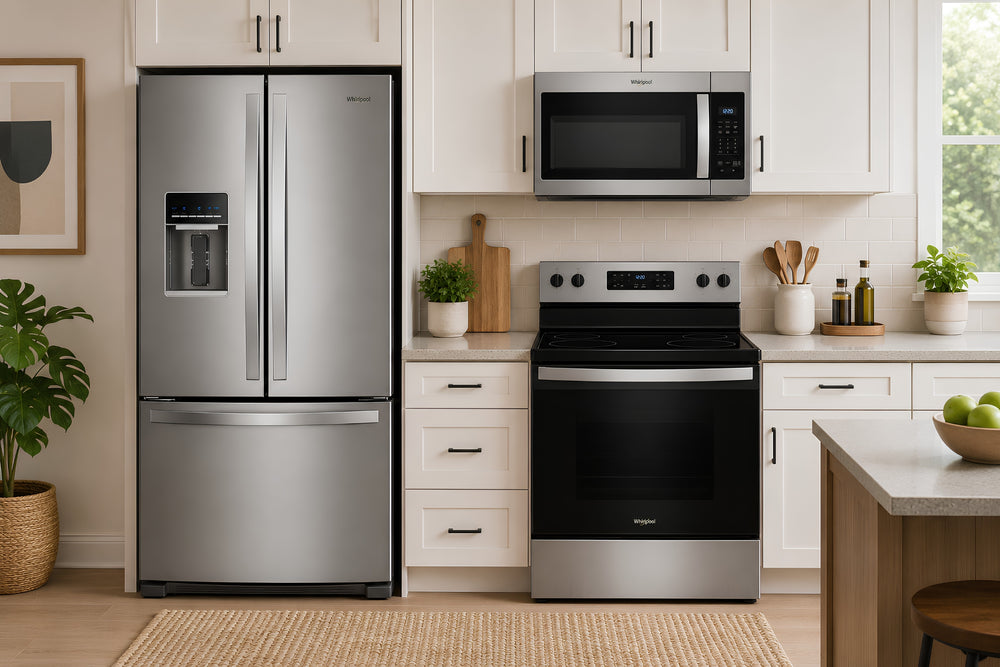 Una escena de cocina moderna que incluye una nevera de acero inoxidable con puertas francesas, dispensador de agua y hielo, una cocina independiente a juego de acero inoxidable y color negro, y un microondas empotrado de acero inoxidable sobre la estufa, todo ello sobre gabinetes blancos.