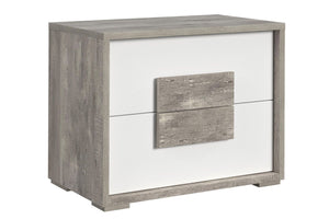 Mesa de noche de madera con colores blanco y gris claro y con dos gavetas sobre un fondo blanco. 