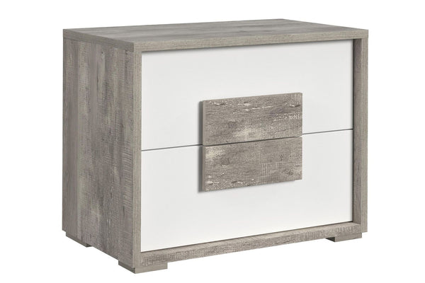 Mesa de noche de madera con colores blanco y gris claro y con dos gavetas sobre un fondo blanco. 