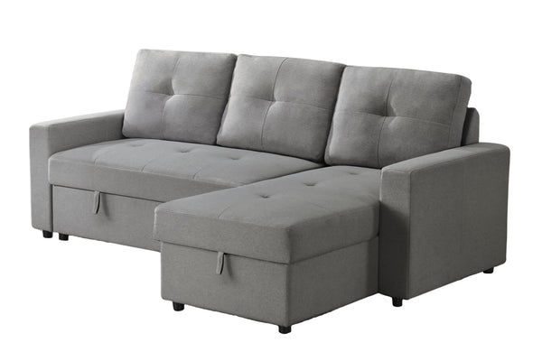 Sofá chaise con almacenamiento de color gris con brazos en un fondo blanco. 
