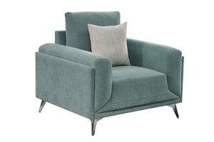 Silla de acento verde con almohada gris sobre fondo blanco.