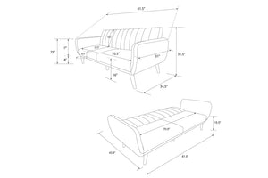Diagrama técnico de un sofá convertible con medidas detalladas en pulgadas. Incluye vistas en modo sofá y cama, mostrando dimensiones de ancho, profundidad, altura, área de asiento y superficie para dormir, útil para planificación de espacios.