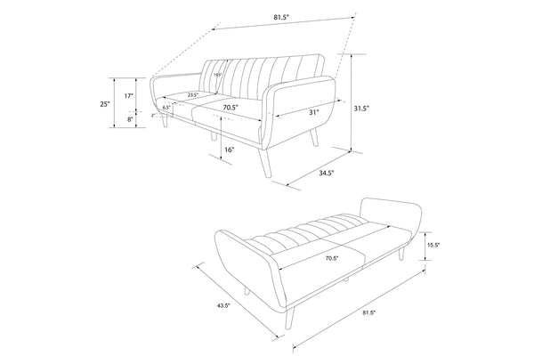 Diagrama técnico de un sofá convertible con medidas detalladas en pulgadas. Incluye vistas en modo sofá y cama, mostrando dimensiones de ancho, profundidad, altura, área de asiento y superficie para dormir, útil para planificación de espacios.