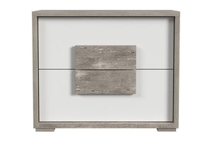 Mesa de noche de madera con colores blanco y gris claro y con dos gavetas sobre un fondo blanco. 