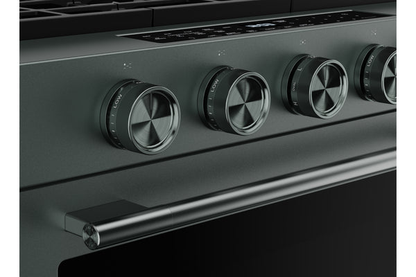 Primer plano de una placa de cocina de gas de color verde con cuatro perillas de control redondas y una manija horizontal en la puerta del horno, que es de color negro.