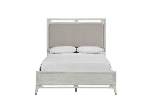 Bed with light grey frame and LED lights integration on a white background. 