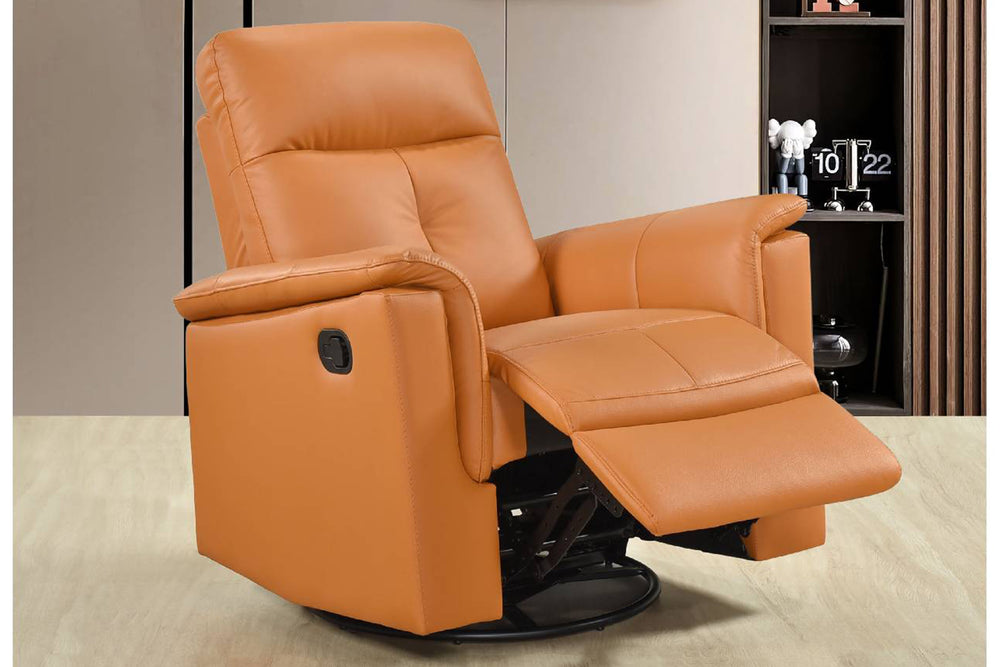 Butaca reclinable manual de color anaranjado con palanca en un ambiente de sala. 
