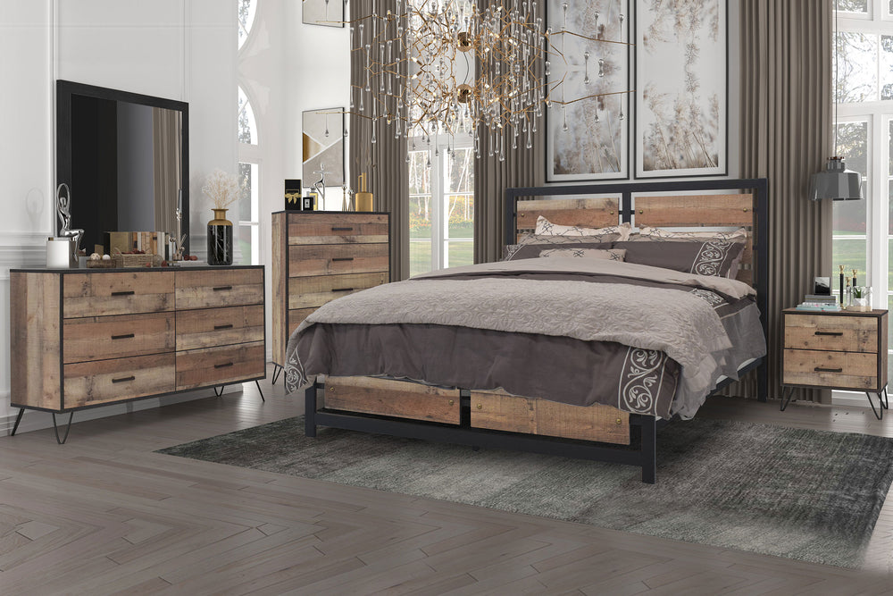 Juego de cuarto hecha de madera marrón con acentos negros que incluye una cama, un gavetero con espejo, una mesa de noche y un chest en una habitación gris moderna con ventanas. 
