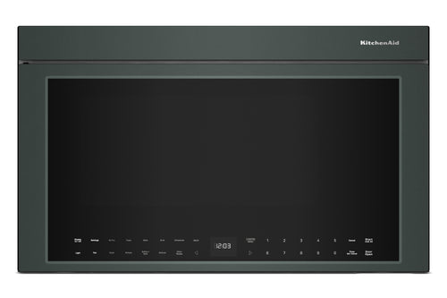 Un microondas KitchenAid para instalar sobre la encimera, con acabado en verde, puerta de cristal negro y panel de control digital en la parte inferior.
