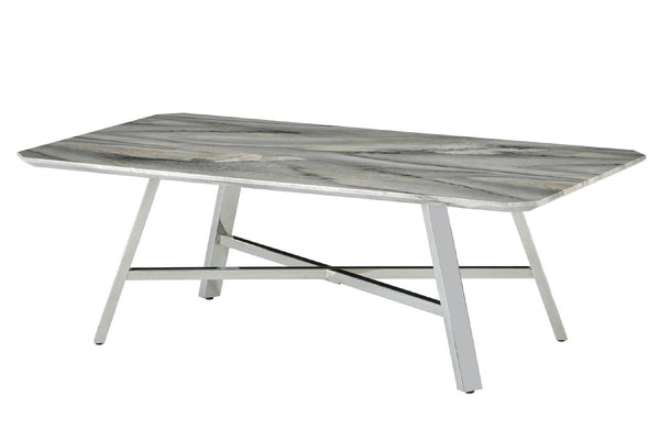 Mesa con superficie efecto mármol y patas de metal sobre fondo blanco
