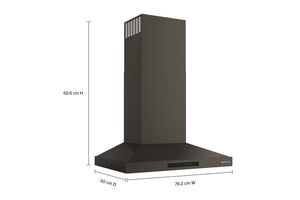 Campana extractora negra con etiquetas que indican las dimensiones: 76,2 cm de ancho, 50 cm de profundidad y 62,6 cm de alto, sobre un fondo blanco.