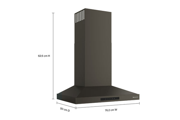Campana extractora negra con etiquetas que indican las dimensiones: 76,2 cm de ancho, 50 cm de profundidad y 62,6 cm de alto, sobre un fondo blanco.