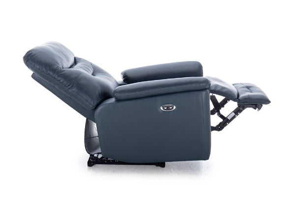 Vista lateral de sillón reclinable en color azul oscuro con respaldo ajustable, reposapiés extendido y mecanismo visible de reclinación. Diseño acolchado con costuras decorativas y apoyabrazos amplios, mostrado sobre fondo neutro para destacar su funcionalidad y confort.