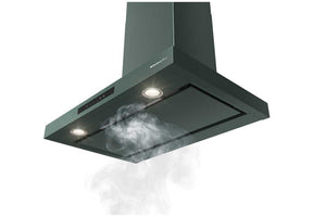 Una campana extractora moderna de color verde oscuro con luces integradas y un efecto de vapor visible en la parte inferior, mostrada sobre un fondo blanco liso.