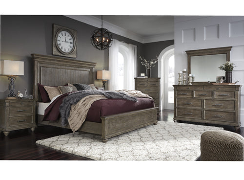 Conjunto de habitación rústico hecha de madera que incluye una cama, un gavetero con espejo, un chest y una mesa de noche en una habitación con elementos decorativos. 