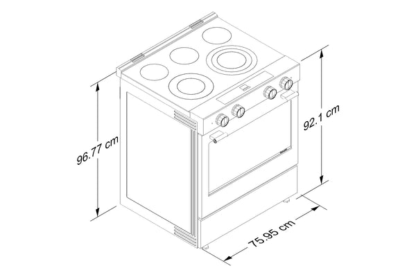 Dibujo lineal en blanco y negro de una cocina eléctrica con etiquetas de dimensiones que muestran medidas de altura de 96,77 cm, 92.