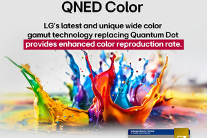 Publicidad de la tecnología de color QNED con salpicaduras de pintura de colores.