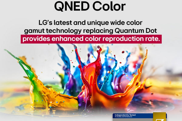 Publicidad de la tecnología de color QNED con salpicaduras de pintura de colores.
